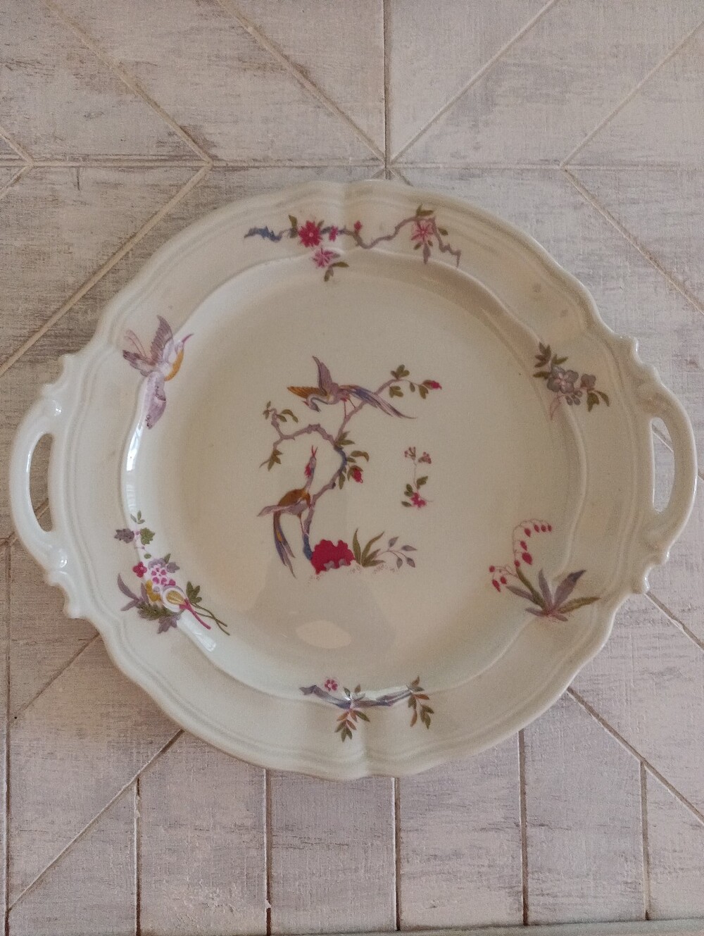 Limoges handled Cake Plate Crafted in France Floral & Bird Of Paradise
